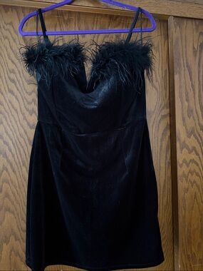 Black Velvet Mini Dress with Feather Trim
